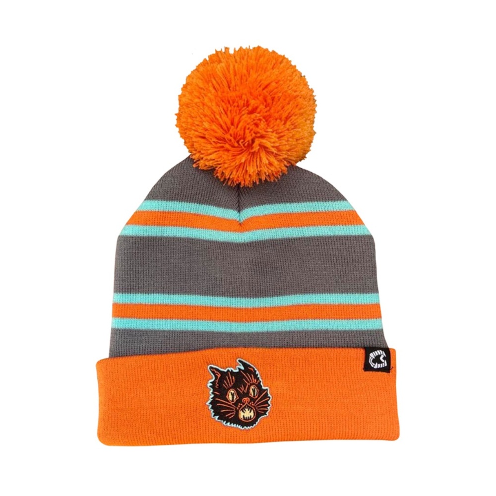 Creepy Co. Beistle Vintage Halloween Scratch Cat Striped Pom Beanie Hat New RARE
